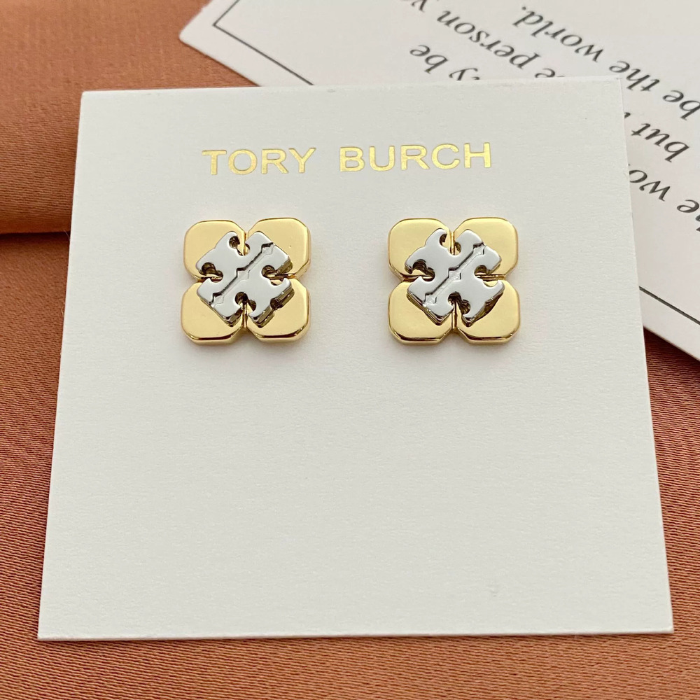Tory Burch Two Tone Clover Letter Stud Earrings Metal